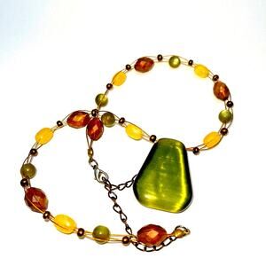 Vintage Wire Necklace Gold Tone Multistrand Floating Stone Pendant B#18